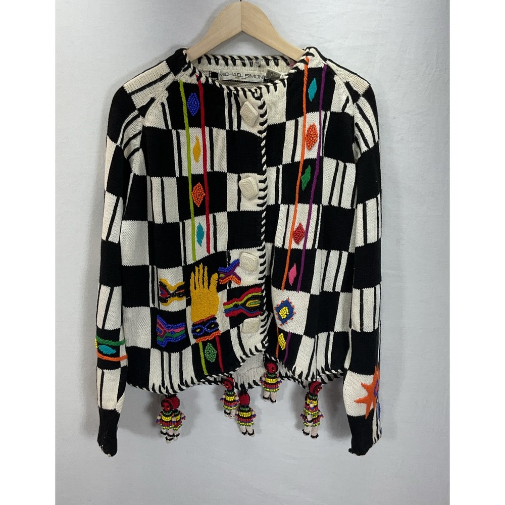 VTG Michael Simon OS Unique Checkered Funky Sweater Cardigan art to wear‎ Gaudy
